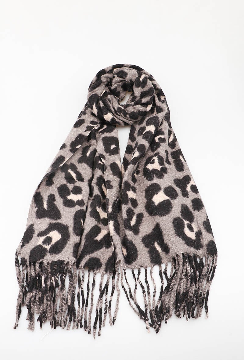 Sjaal | Wintersjaal | Luipaardprint | Panterprint | Zwart | WIt | Grijs | 90x180cm | Viscose | Wol