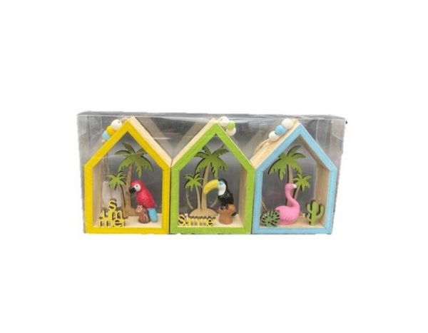 Decoratie huisjes 'summer' met flamingo, toekan en papegaai