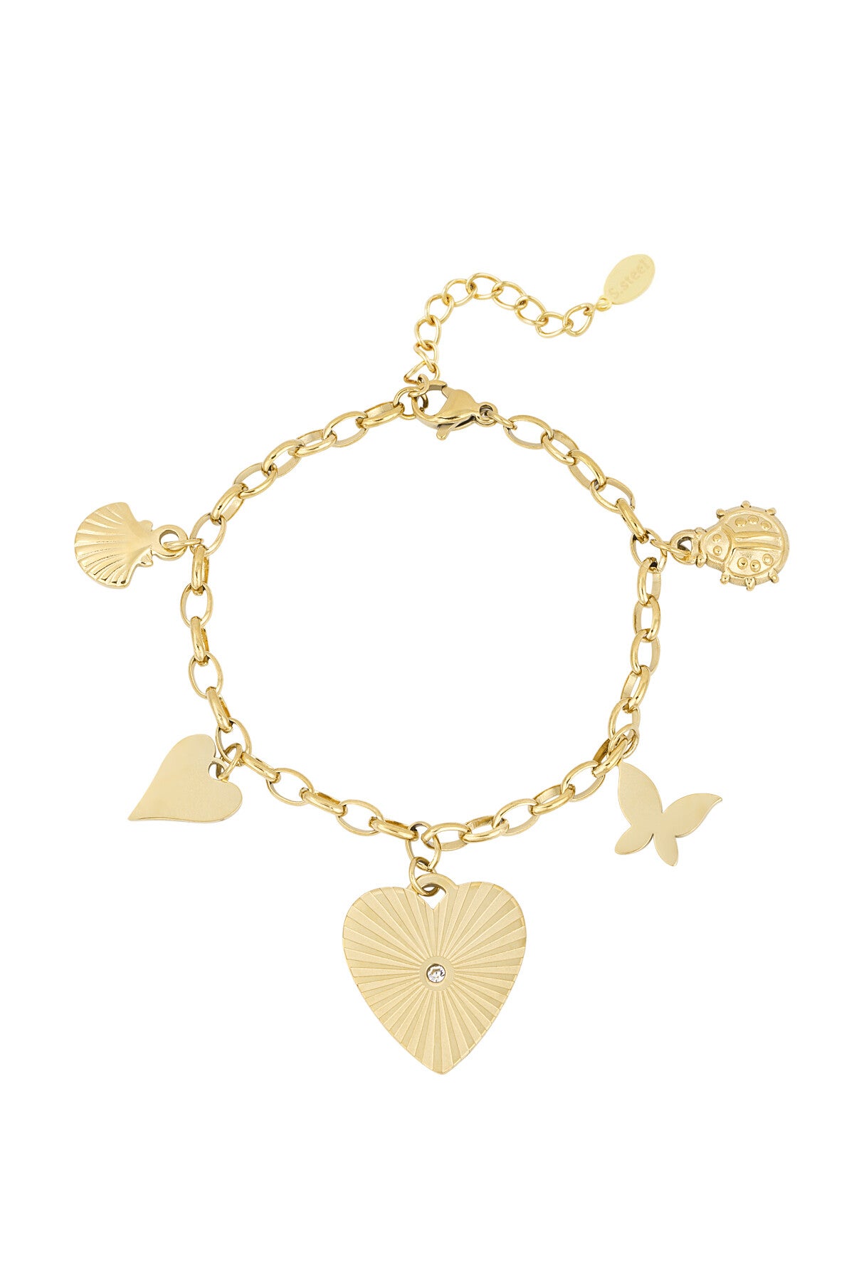Golden Charm Armband – Goudkleurige Schakelarmband met Hart, Vlinder & Schelp