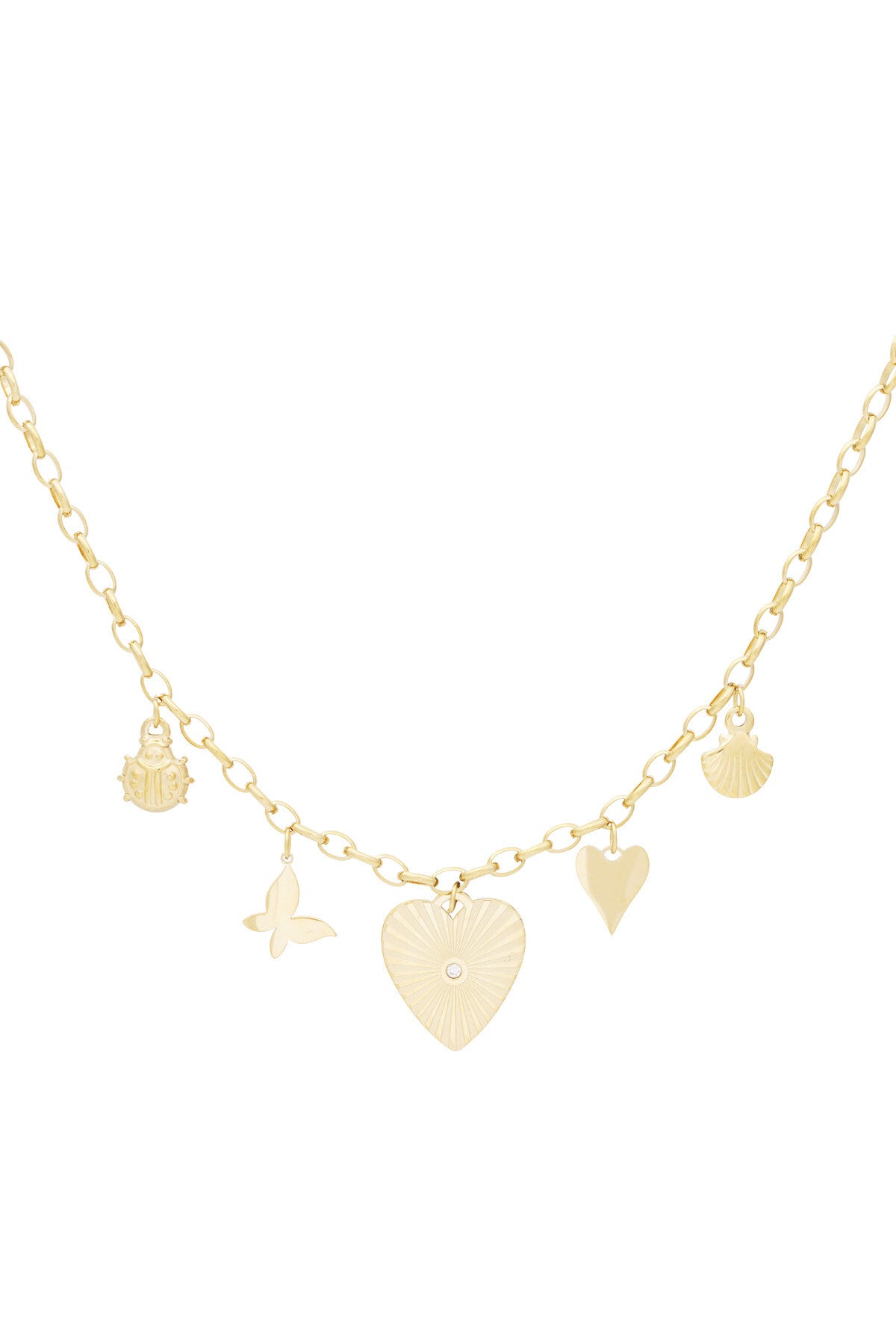Golden Charm Ketting – Goudkleurige Schakelketting met Hart, Vlinder & Schelp