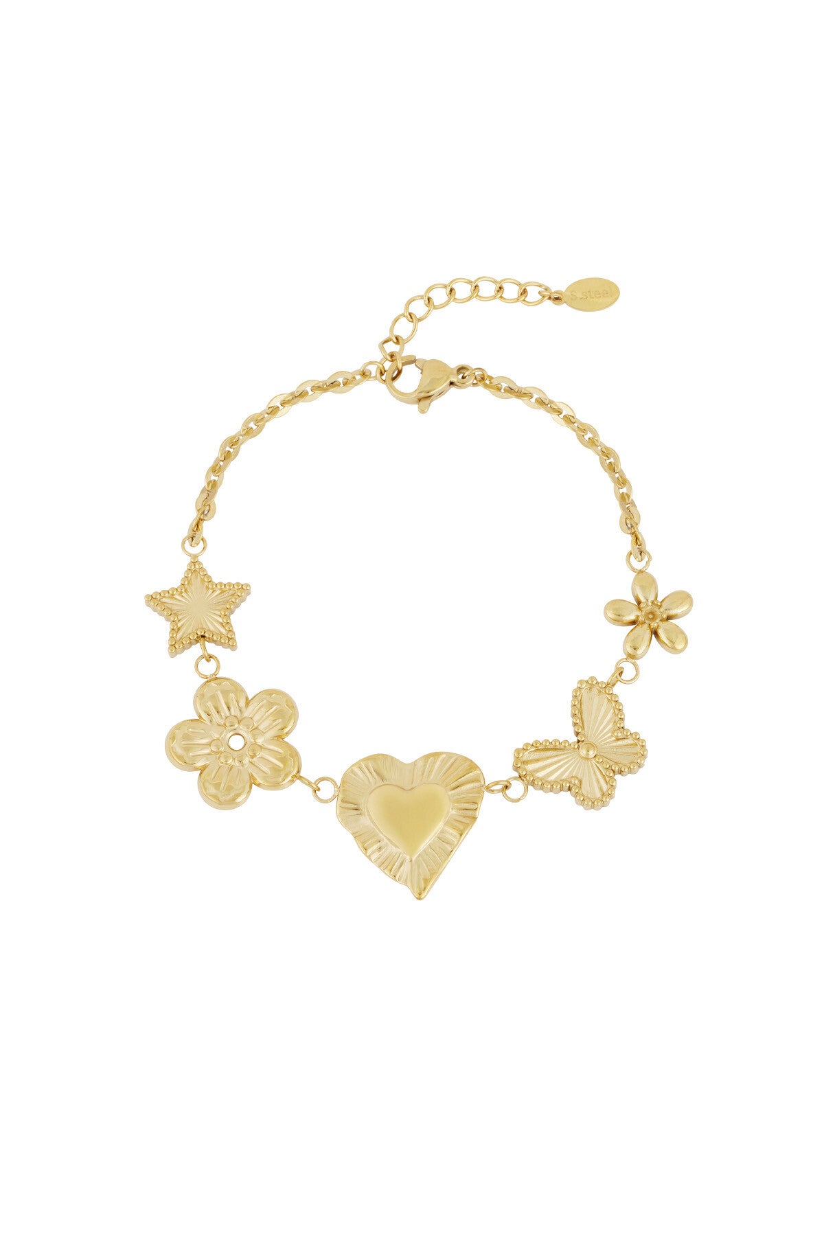 Golden Love Charm Armband – Goudkleurige Schakelarmband met Hart, Vlinder & Bloemen