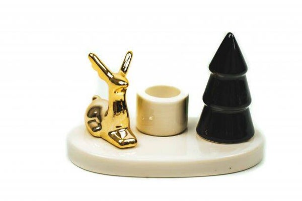 Kandelaar | Rendier | Kerstboom | Goud | Zwart | Wit | Housevitamin | Keramiek | 12x7x8cm