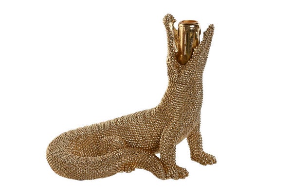 Kandelaar | Krokodil | Goud | Polyresin | 26,5x18x23,5cm