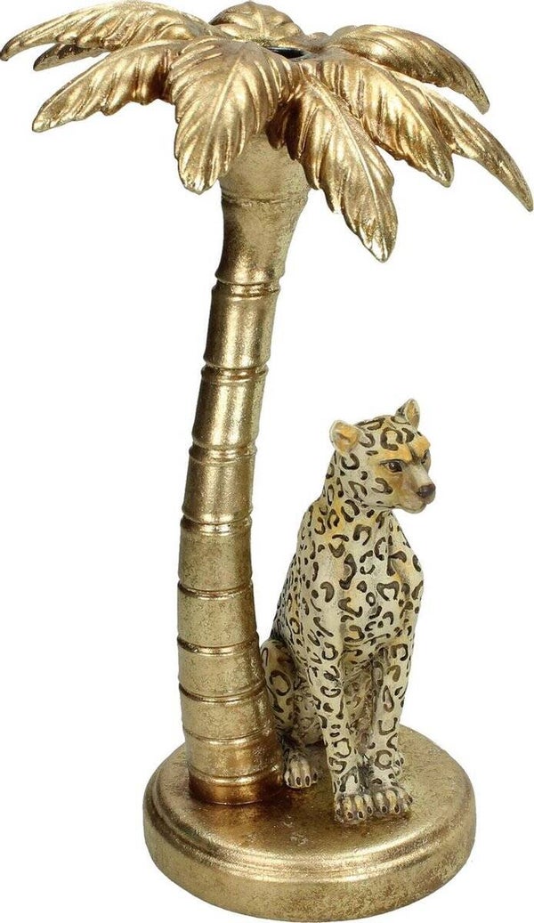 Kandelaar luipaard & palmboom goud 25,5cm