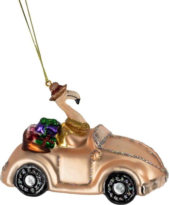 Kerstbal | Flamingo | Auto | Zalmroze | Glas | 6,9x6x9,8cm
