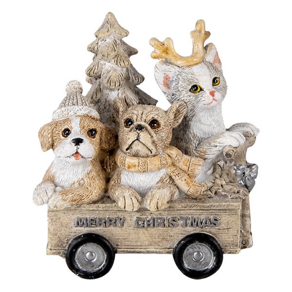 Beeld | Kat | Hond | Kerstboom | Merry Christmas | Beige | Clayre & Eef | Polyresin | 9x7x11cm