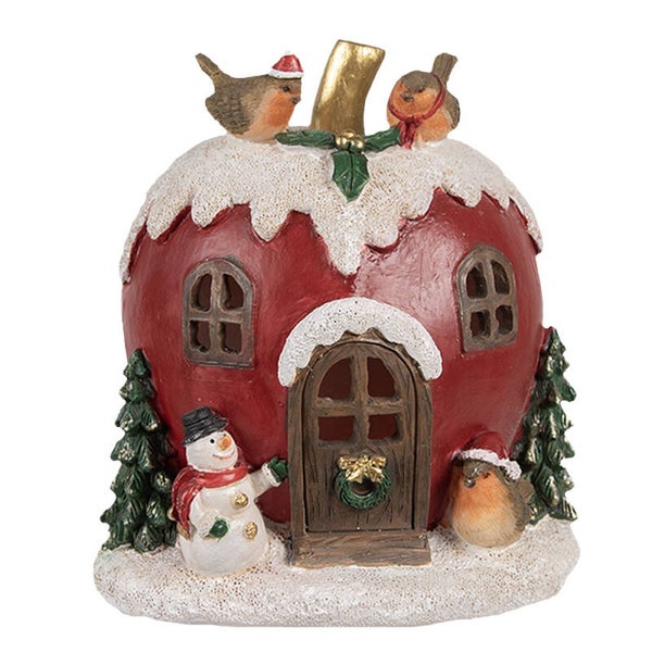 Kerstdecoratie | LED huis | Roodborstjes | Rood | Clayre & Eef | Kunststof | 12x11x13cm