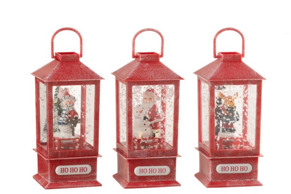 Kerstlantaarn | LED licht | Kerstmuziek | Sneeuweffect | Kerstman, sneeuwpop of rendier | J-Line | 8,5x8,5x19cm