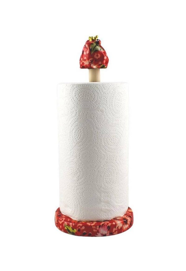 Keukenrolhouder kikker Freddy in rood met bloemen (hibiscus scarlett kiss)