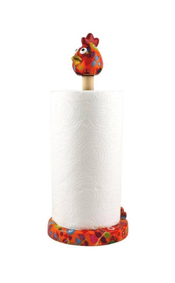 Keukenrolhouder kip Matilda in oranje met figuurtjes en plantjes (tea for two)