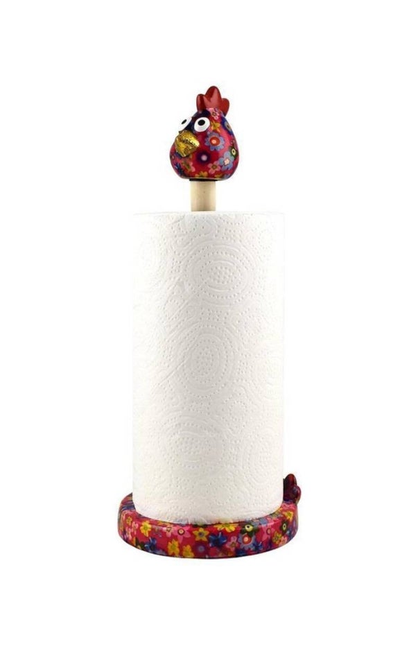 Keukenrolhouder kip Matilda in paars met bloemen (funky flowers pixiepurple)