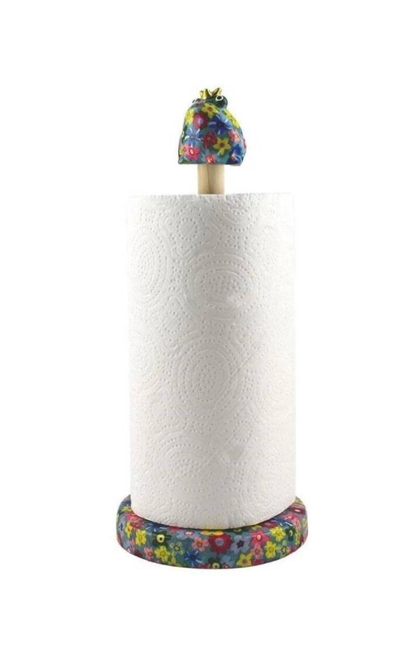 Keukenrolhouder kikker Freddy in blauw met bloemen (funky flowers bluedelight)