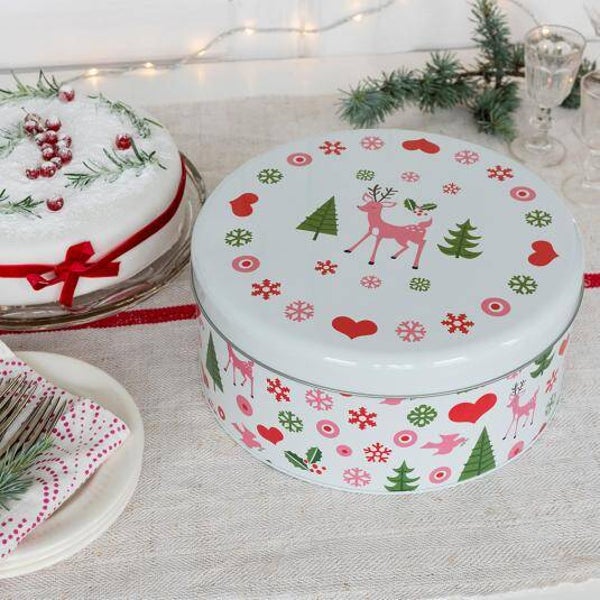 Koektrommel | Kerstmis | Kerstblik | Rond | 50's | Roze | Rood | Wit | Groen | Tin | 24,5x24,5x10,5cm