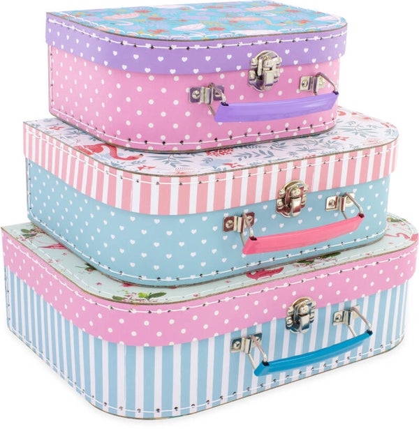 Kinder Kofferset Flamingo – Set van 3 Kartonnen Koffertjes met Handvat