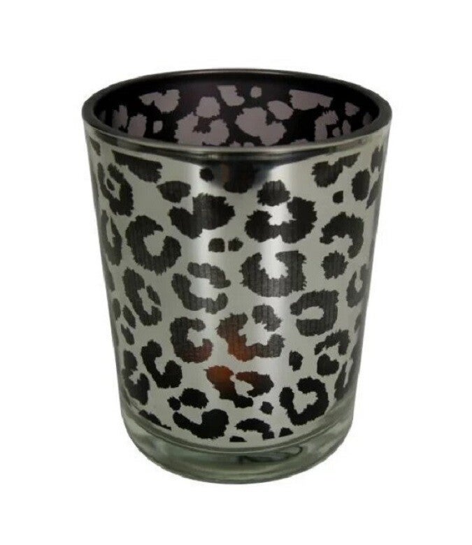 Theelichthouder | Luipaardprint | Zilver | Zwart | Mars&More | Glas | 12x12x18cm