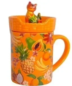 Pomme Pidou Mok Caramel – Tropische Kattenmok met Deksel