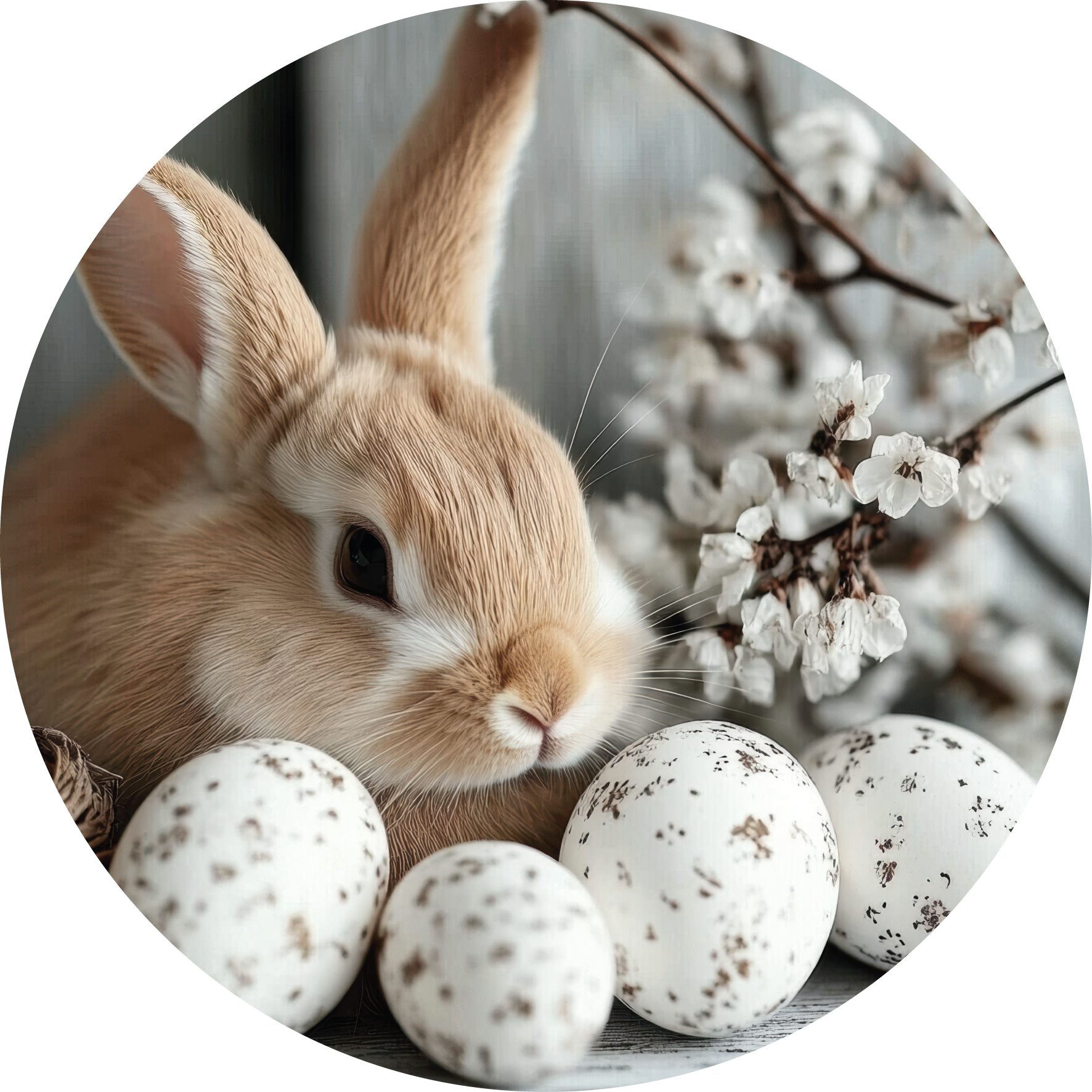 Wandcirkel Konijn met Eitjes & Bloesem – Ronde Forex Decoratie Ø30 cm