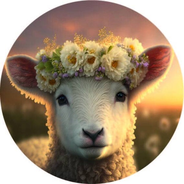 Wandcirkel Lammetje met Bloemenkrans – Ronde Forex Decoratie Ø20 cm