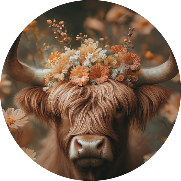 Wandcirkel Hooglander met Bloemen – Ronde Forex Decoratie Ø30 cm
