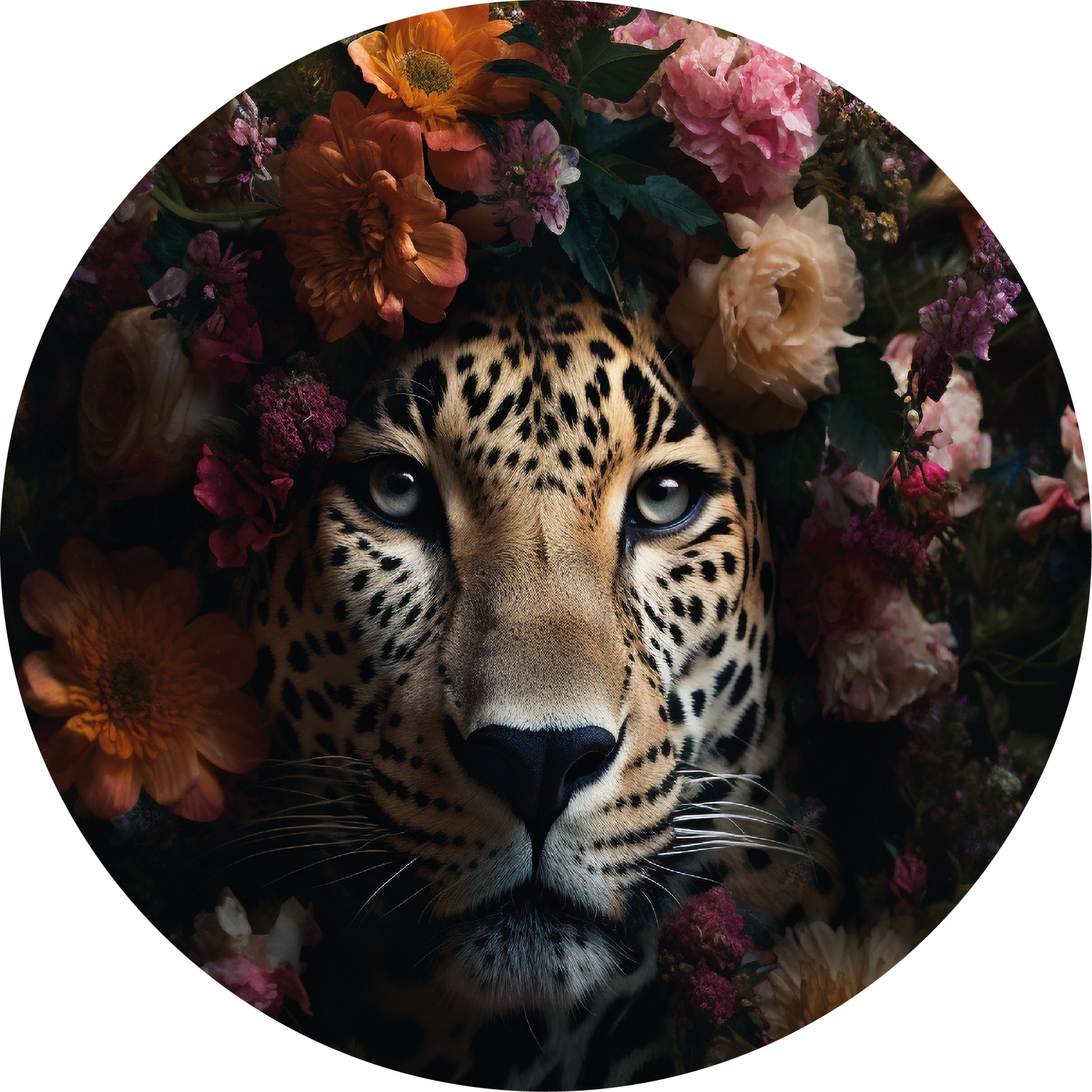 Wandcirkel Panter met Bloemen – Ronde Forex Decoratie Ø40 cm