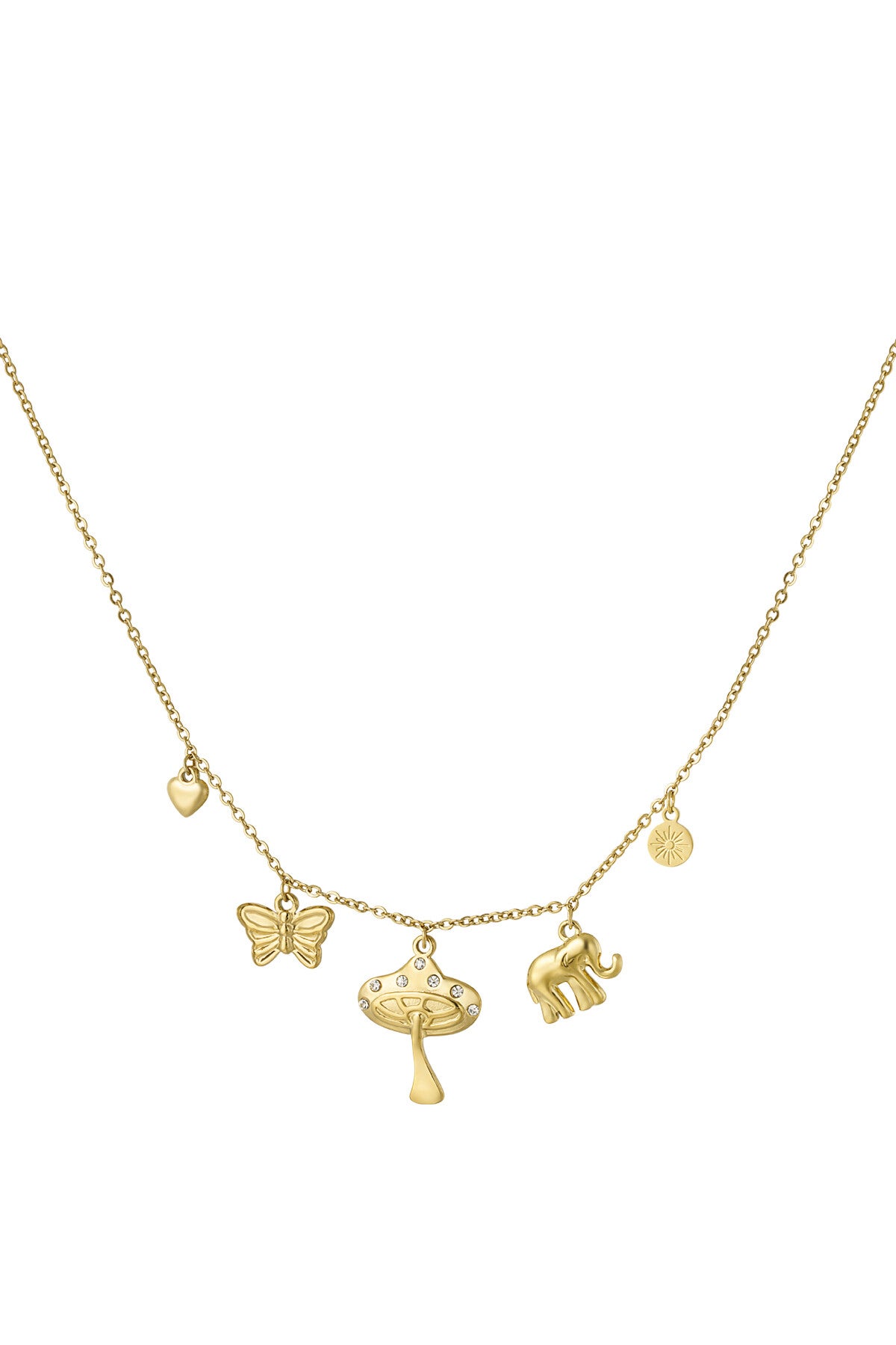 Mystic Charms Ketting – Goudkleurige Ketting met Paddenstoel, Vlinder & Olifant