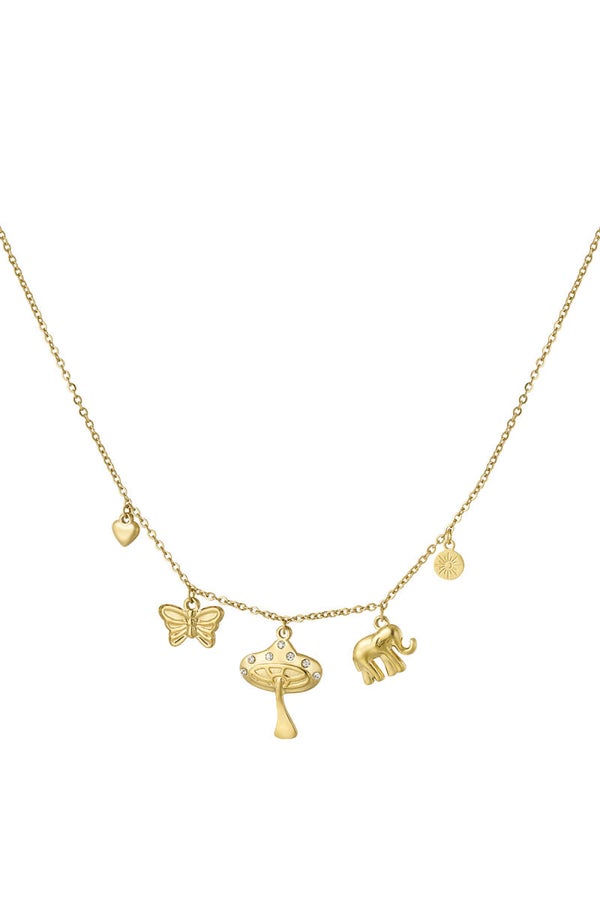 Mystic Charms Ketting – Goudkleurige Ketting met Paddenstoel, Vlinder & Olifant