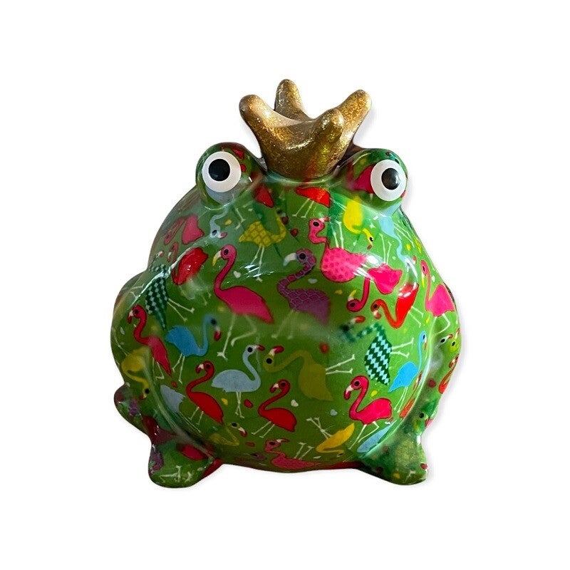 Decoratieve spaarpot kikker Freddy in groen met flamingo's (flamingo jive picklegreen)