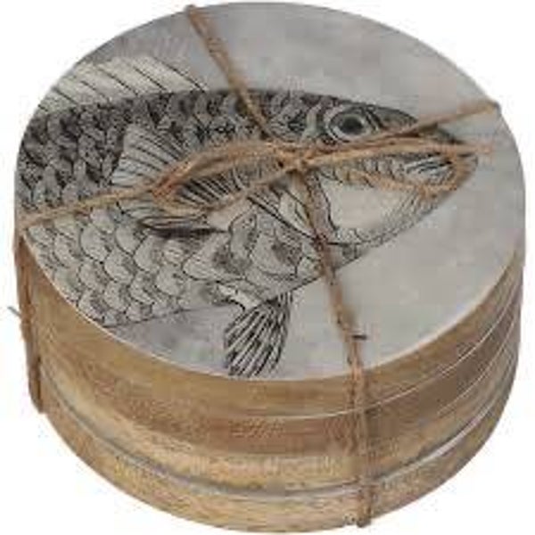 Onderzetters | Vis | Rond | Hout | Grijs | Bruin | 10x10cm | 4 stuks