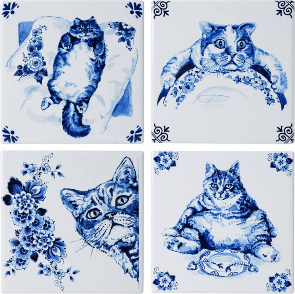 Onderzetters | Katten | Delfts Blauw | Vierkant | Keramiek | 10cm x 10cm