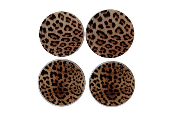 Onderzetters | Panterprint | Rond | Glas | 4 stuks | Houder