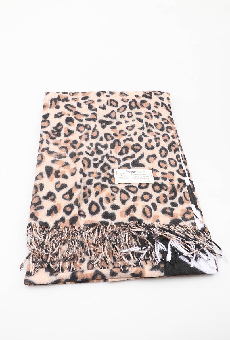 Sjaal | Wintersjaal | Panterprint | Zebraprint | Beige | Viscose | Wol | 90x180cm