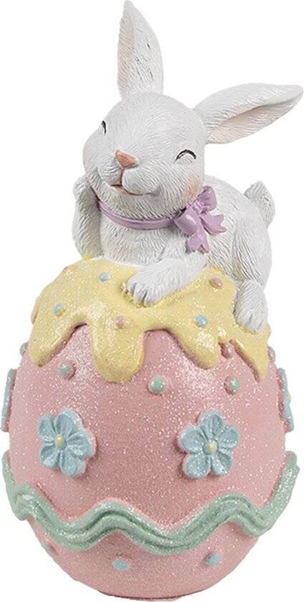 Paashaas op Groot Ei – Decoratiebeeld Clayre & Eef | 17 cm Hoog | Roze & Pastel
