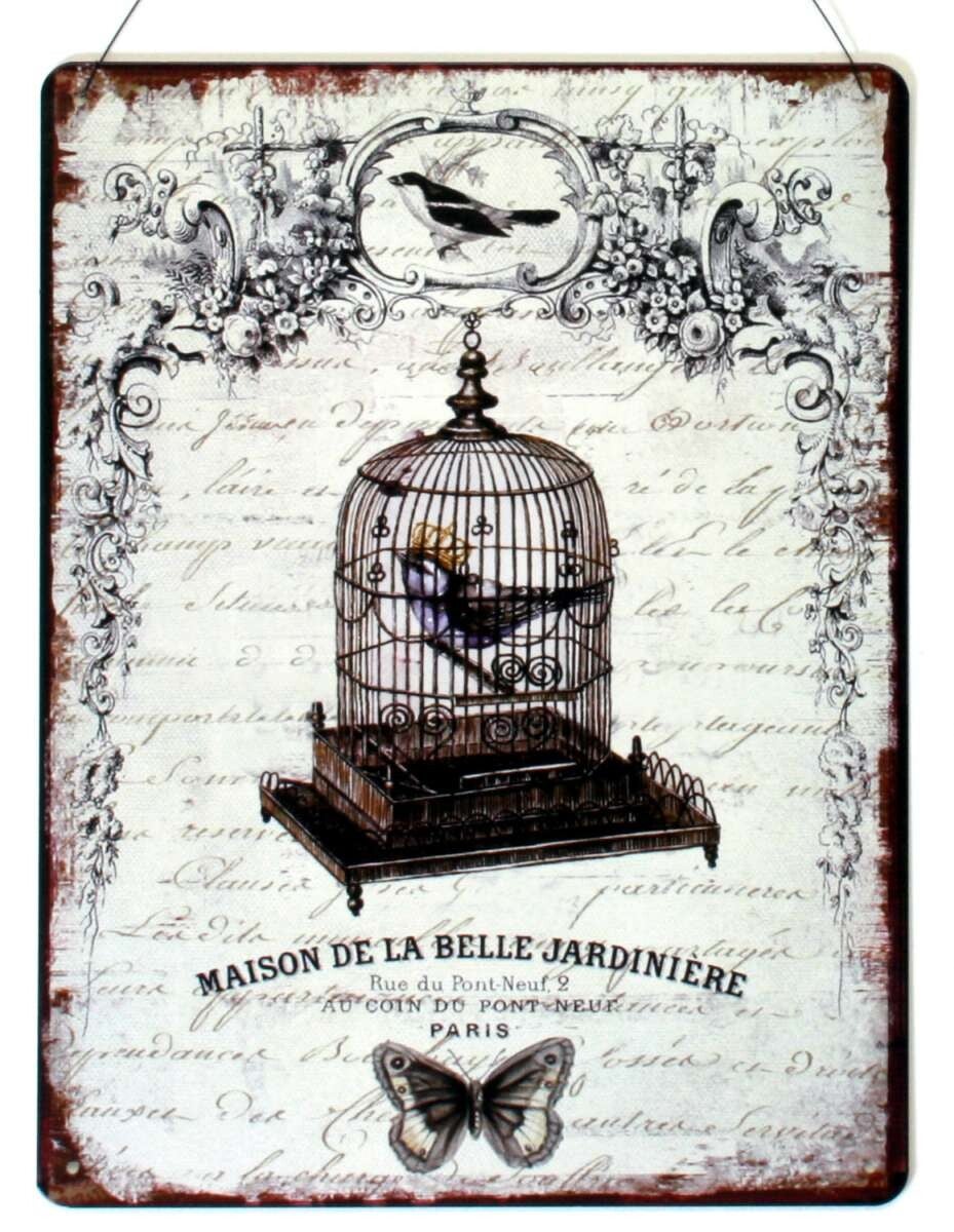 Wandplaat | Wanddecoratie | Vogel | Vogelkooi | Metaal | 25x33cm