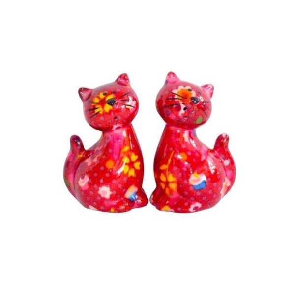 Peper en zoutstel | Kat Caramel | Rood met bloemen | Pomme Pidou | 4,5x5x6,5cm | Keramiek