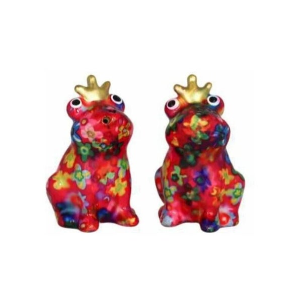 Peper en zoutstel kikker Theo in rood met bloemetjes (funky flowers pixiepurple)