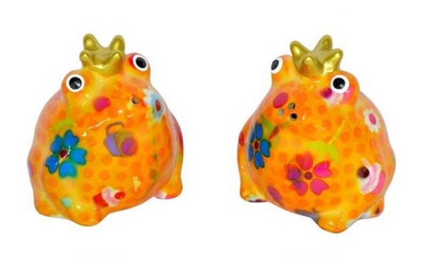 Peper- en Zoutstel Kikker Freddy – Oranje Keramiek met Gouden Kroon