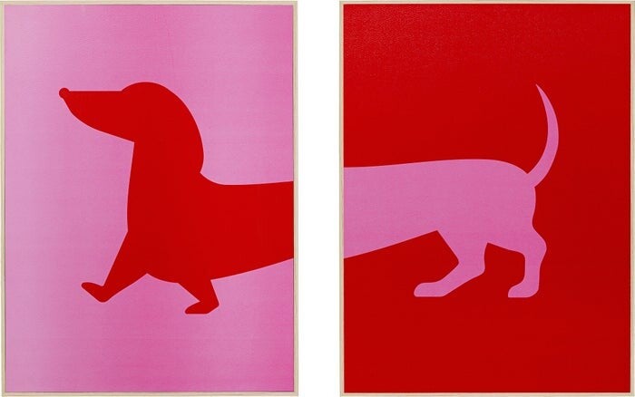 Schilderij | Hond | Teckel | Roze | Rood | Hout | set van 2