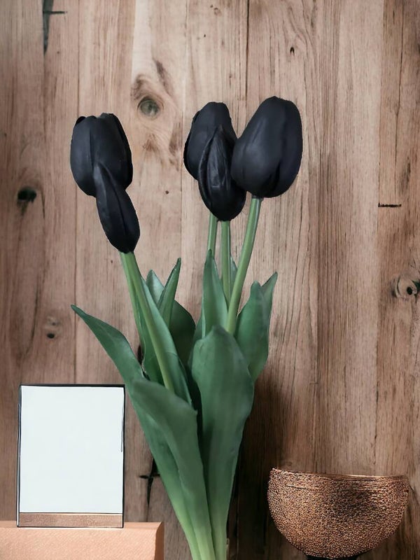 Tulpen "real touch" zwart (5 stuks waarvan 3 open en 2 dicht)