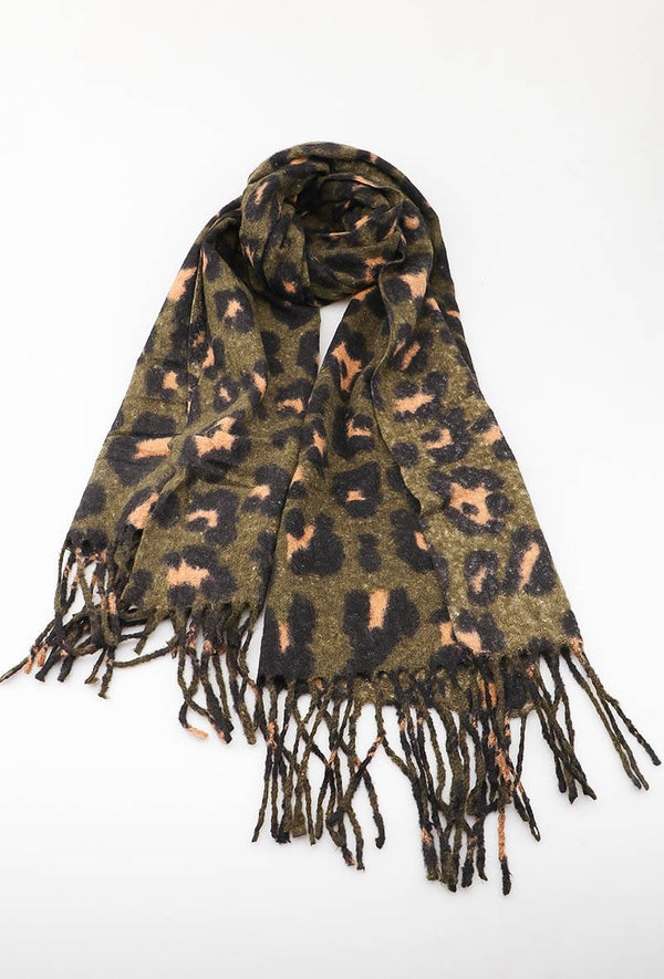 Sjaal | Wintersjaal | Luipaardprint | Panterprint | Kaki | 90x180cm | Viscose | Wol