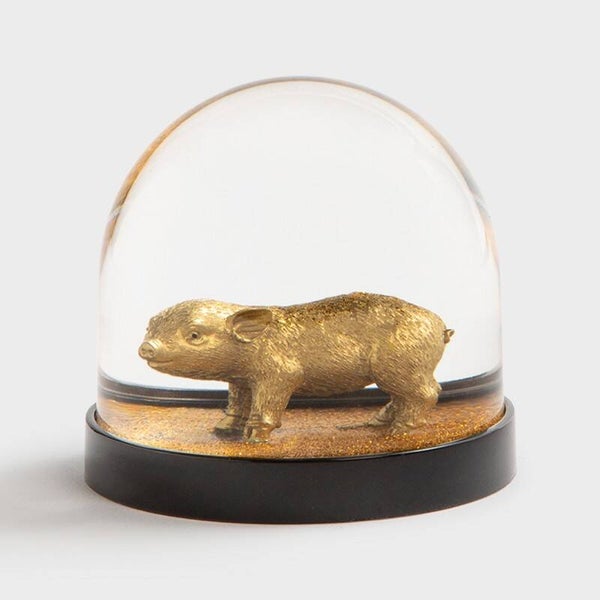 Sneeuwbol gouden varken met gouden glitters