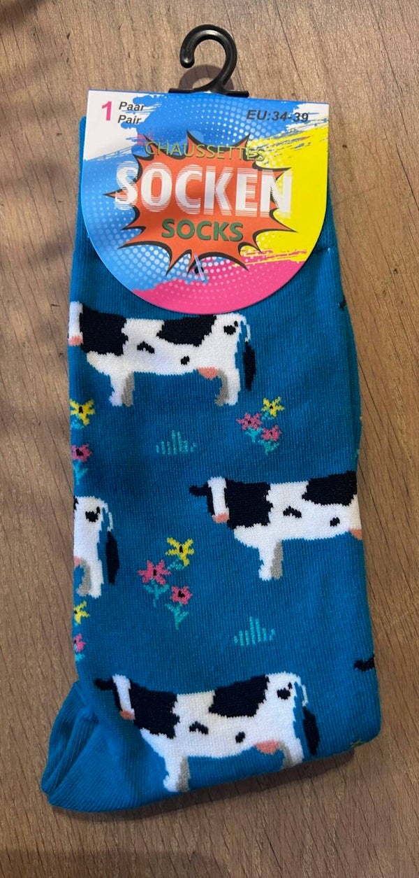 Vrolijke Koeien Sokken – One Size 34-39 | Blauwe Boerderij Stijl