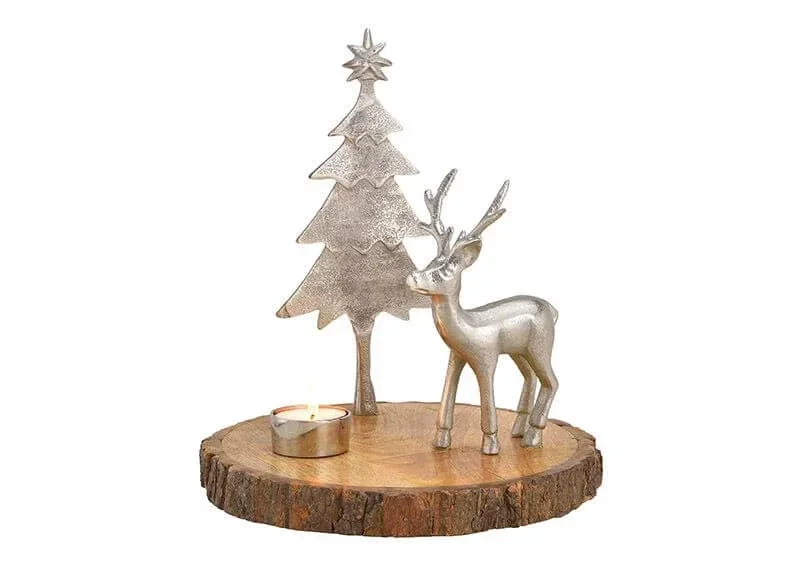 Theelichthouder | Rendier | Kerstboom | Zilver | Hout | Metaal | 23x23x25cm