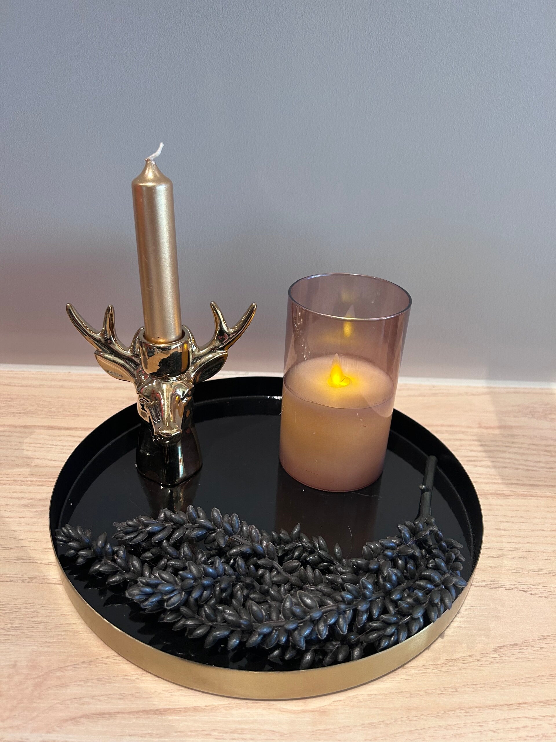 Tafeldecoratie Set | Zwart | Goud | Rendier | Ledkaars in glas