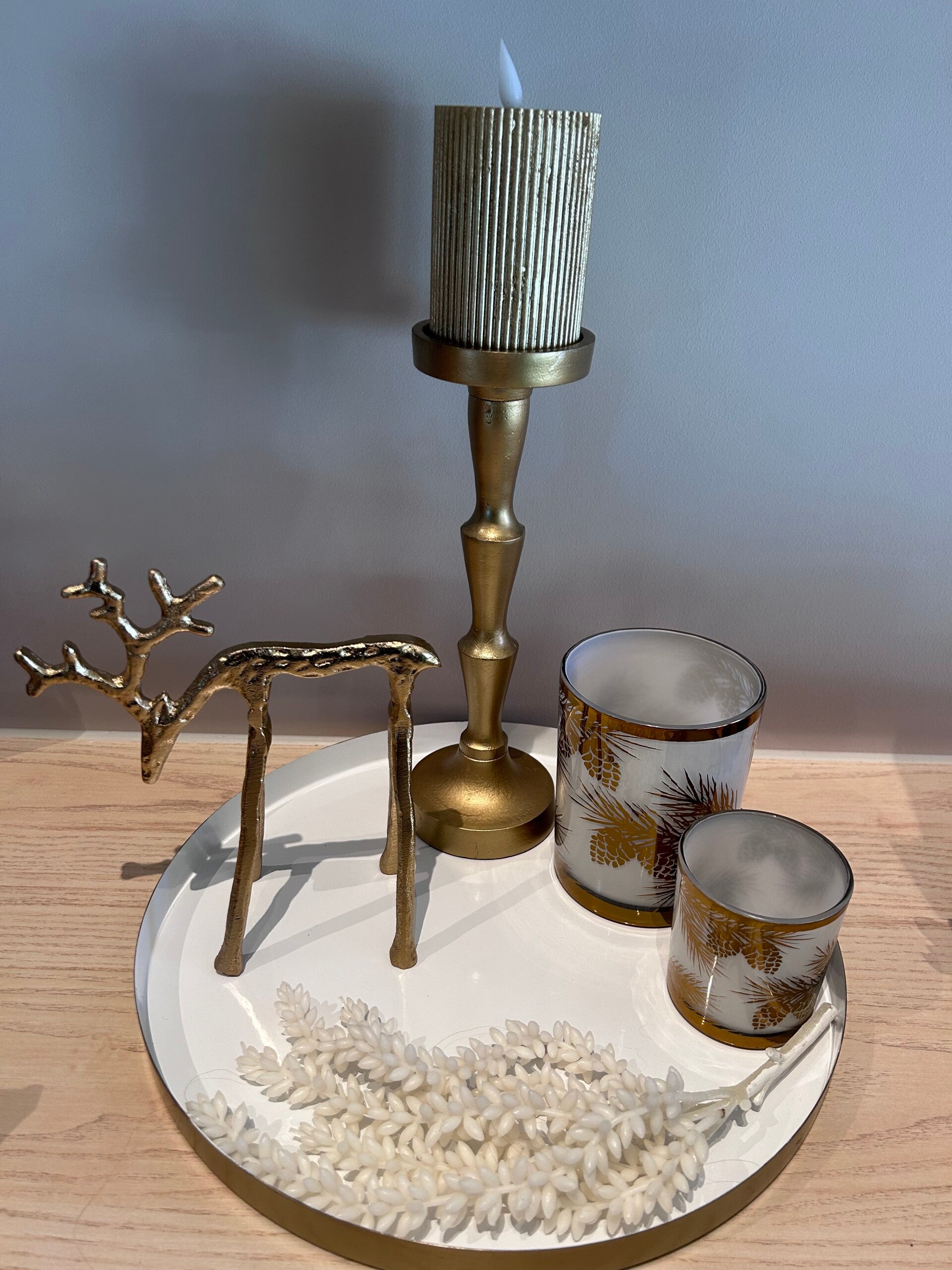 Tafeldecoratie Set | Wit | Goud | Theelichthouders Dennenappel | Kandelaar | Ledkaars | Rendier