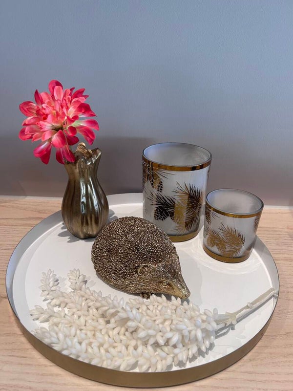 Tafeldecoratie Set | Wit | Goud | Theelichthouders Dennenappel | Vaasje met bloem | Egel