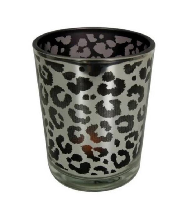 Theelichthouder | Luipaardprint | Zilver | Zwart | Mars&More | Glas | 12x12x18cm