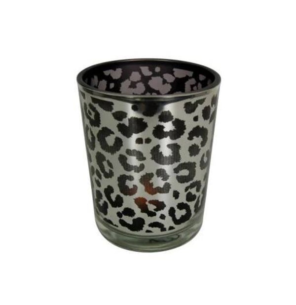 Theelichthouder | Luipaardprint | Zilver | Zwart | Mars&More | Glas | 10x10x12,5cm