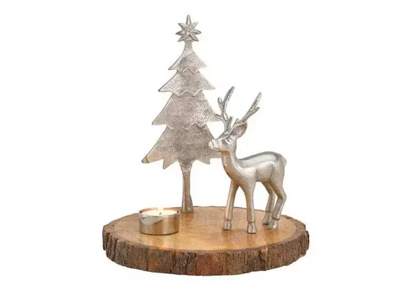 Theelichthouder | Rendier | Kerstboom | Zilver | Hout | Metaal | 23x23x25cm