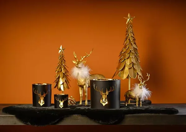 Theelichthouder | Hert | Rendier | Rendierkop | Zwart | Goud | Glas | 2 afmetingen