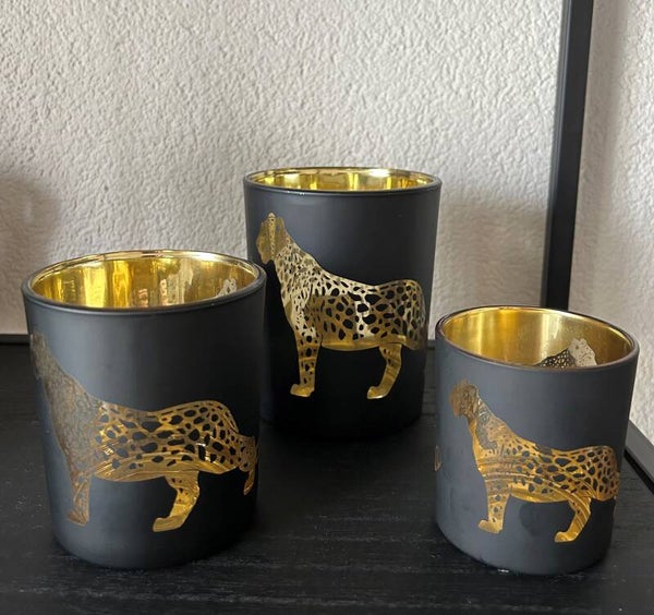 Theelichthouder | Luipaard | Panter | Mars&More | Zwart | Goud | Glas | 3 formaten